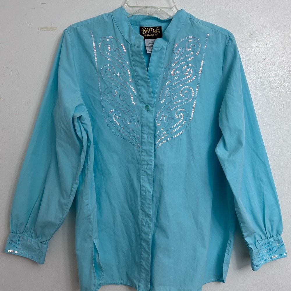 Bob Mackie Aqua Blue Long Sleeve Button Shirt with Sequin Design size M